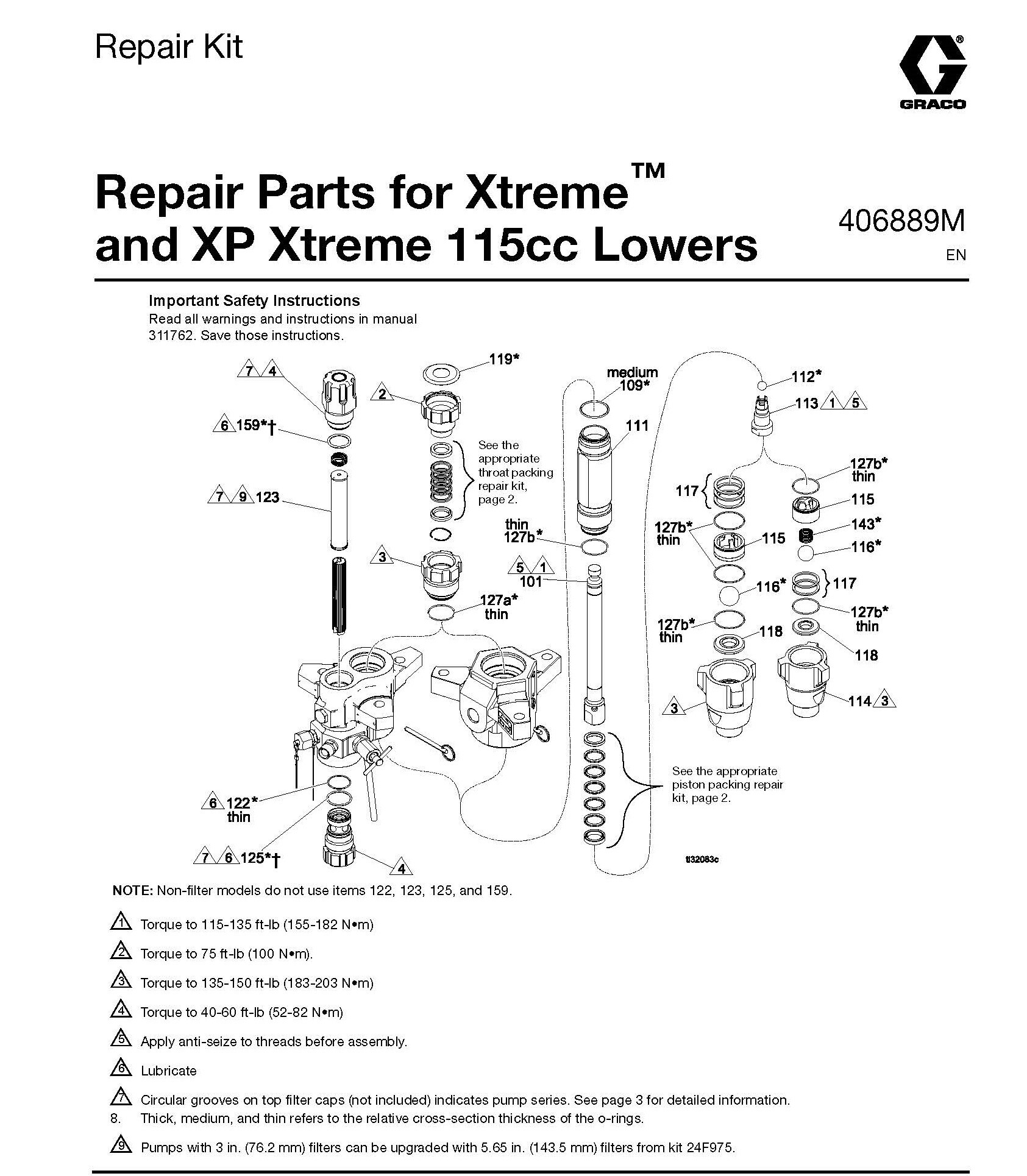 メンテナンス OK plan Xtreme Lower Full Repair Kit, 115cc, PTFE | Spray Equipment